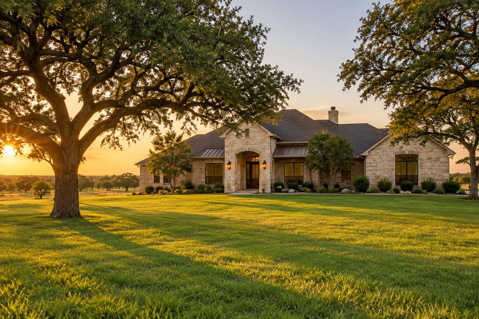 A brick and stone Texas ranch style home with live oaks and a wide lawn, illustrative