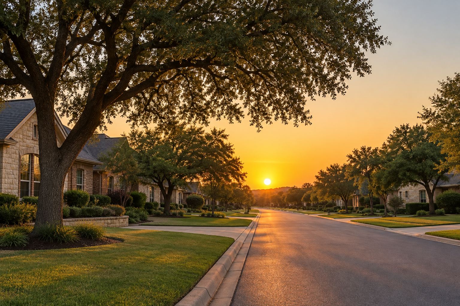 A Temple residential street at sunset, illustrative