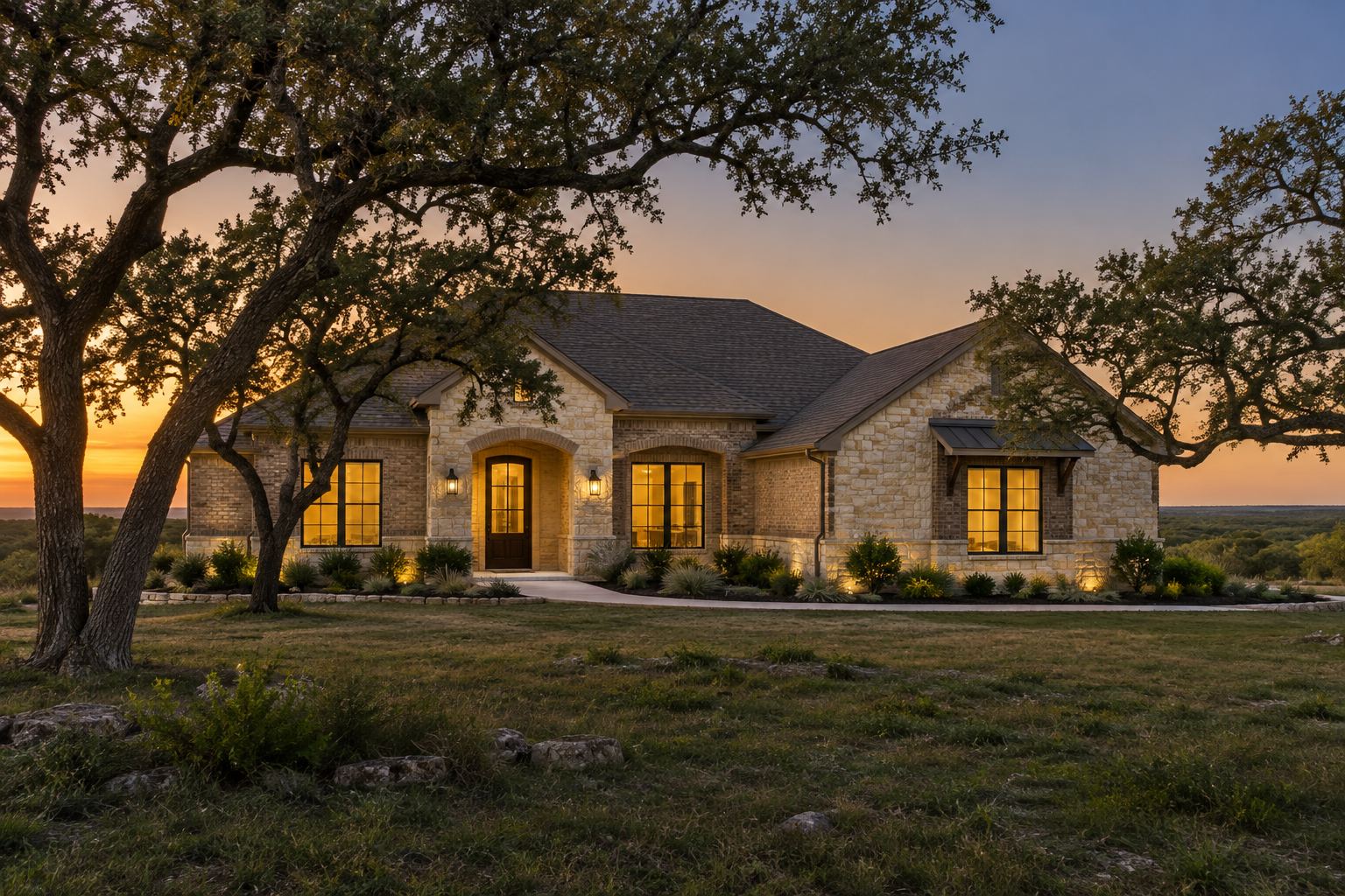 A Central Texas home at dusk, illustrative